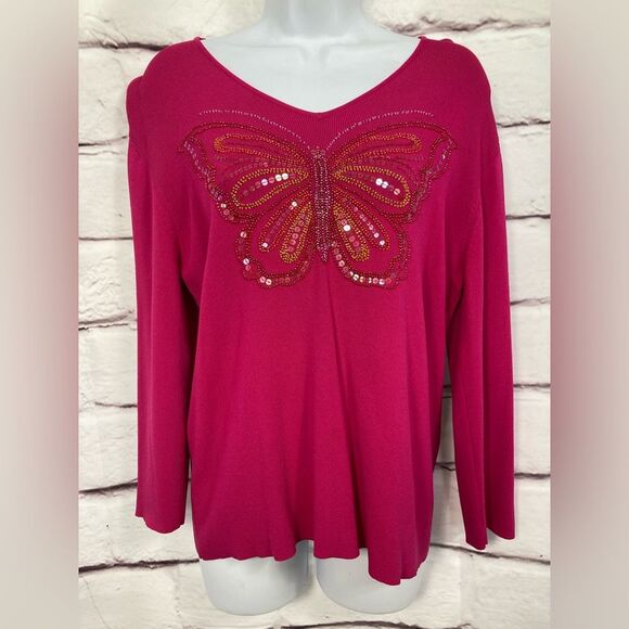 Draper’s & Damon’s Top SZ L Magenta Pink Barbiecore Butterfly Sequin Rayon Nylon - Picture 1 of 9